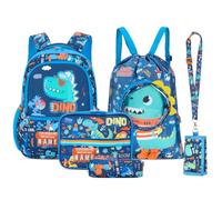 Tanou Ensemble de Sac a Dos Garcon Primaire, Cartable Garçon de 5 Pièces Respirant pour Enfants CP CE1 CE2, Motif Dinosaure Sac d'école en Nylon à la Mode, 18 litres