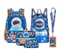 Tanou Ensemble de Sac a Dos Garcon Primaire, Cartable Garçon de 5 Pièces Respirant pour Enfants CP CE1 CE2, Motif Astronaute Sac d'école en Nylon à la Mode, 18 litres