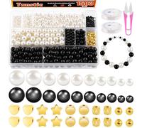 Tanstic Kit de 1 503 perles rondes blanches et noires de 4 mm, 6 mm, 8 mm, 10 mm, 12 mm avec perles d'espacement dorées, perles pour la fabrication de bijoux et bracelets pour enfants et adultes