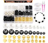 Tanstic Kit de 753 perles rondes blanches et noires de 4 mm, 6 mm, 8 mm, 10 mm, 12 mm avec perles d'espacement dorées pour la fabrication de bijoux et bracelets pour adultes