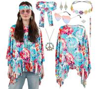 Tantanbear Costume Hippie Pour Femme, Ensemble De Costume Hippie Des Années 70, Deguisement Hippie Avec Cape, Lunettes De Soleil, Bandeaux, Boucles d'Oreilles, Collier, Bracelet, Costume Carnaval