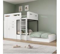 TANTIRO-Lit superposé 90x200 cm, bureau escamotable, rangement, échelle, barrière sécurité, MDF, blanc et noir, sans matelas