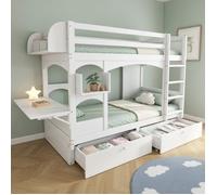 TANTIRO-Lit superposé enfant 90x200 cm, échelle, bureau escamotable, rangement, tiroirs, bois massif, blanc, sans matelas