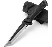 Tanto Outdoor Knife With Kydex Sheath,Full Tang Survival Knife 420 Steel Stonewashed Fixed Blade Hunting Knife Comfortable Handle G10 Black