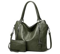 TANTOMI Sac à main pour femme, élégant, vintage, grand, sac à bandoulière souple avec bandoulière amovible, Vert foncé