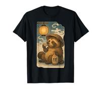 Tanuki dans un chapeau de paille, siroter un saké, une lanterne, style Ukiyo-e T-Shirt