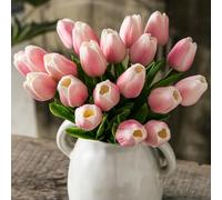 Tanvecle Lot de 20 fleurs de tulipes artificielles en soie pour la fête des mères, Pâques, la Saint-Valentin, la maison, la cuisine, les décorations de mariage - Rose et blanc - 33 cm
