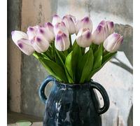 Tanvecle Lot de 20 tulipes artificielles en soie pour la fête des mères, Pâques, la Saint-Valentin, la maison, la cuisine, les décorations de mariage - Blanc et violet - 33 cm