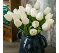 Tanvecle Lot de 20 tulipes artificielles en soie pour la fête des mères, Pâques, la Saint-Valentin, la maison, la cuisine, les décorations de mariage - Blanc - 33 cm