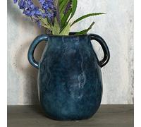 Tanvecle Vase en céramique bleu avec 2 anses, décoration de ferme moderne, poterie en terre cuite rustique, vase décoratif, petit vase en argile, centre de table pour table à manger, 17,8 cm