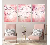 TANYANG Japonais Sakura Poster Prints Rose Aquarelle Cerisier Fleur 3 Pièces Toile Peinture Mur Art Image Esthétique Salon Décoration 40Cmx60Cmx3Pcs Sans Cadre