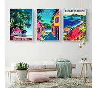 TANYANG Rétro Voyage Bord De Mer Paysage Affiche Impression Dessin Animé Couleur Ville 3 Pièces Toile Peinture Guadeloupe Mur Photos Salon Décor À La Maison 30Cmx40Cm Sans Cadre