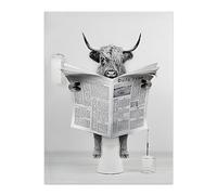TANYANG Salle De Bain Nordique Affiche Animal Vache Assise Sur Les Toilettes Lecture Journal Toile Peinture Rétro Wc Baignoire Mur Art Décoration 40X50Cm No Frame