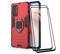 TANYO Coque + [2 Pièces] Verre Trempé pour Oppo Reno4 Pro 5G, TPU/PC Dual Layer Armor Antichoc Housse [360° Holder] Con 9H Dureté Film Protection Ecran, Rouge