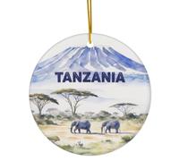 Tanzania Ornament - Souvenir souvenir du safari du mont Kilimandjaro - 7 cm rond en céramique brillante Tanzanie ornement de Noël avec ficelle dorée à suspendre - Cadeau de voyage africain et souvenir