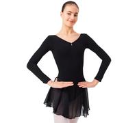 tanzmuster ® Justaucorps Danse Fille à Manches Longues -Anna- avec Jupette en Mousseline et Trois Pierres Strass Danse Classique en Noir, 164/170 (15-16 Ans)