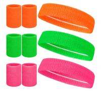 taonganui Lot de 9 bandeaux de sport des années 80 avec bracelet, 3 couleurs fluo vintage, bandeau de sport en coton absorbant pour tenue des années 80, fête, carnaval et carnaval