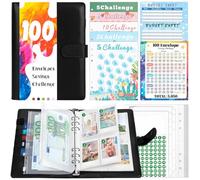 TAOPE Classeur A5 avec Enveloppe Budget Set, Noir Classeur Budget Remplissable en PU Cuir, 6 Anneaux Enveloppes A5 Transparentes avec Fermeture éclair pour Saving Challenge, Voyage, Passeport, Photos