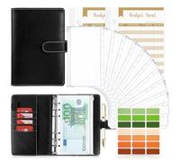 TAOPE Classeur Budget avec Enveloppe Budget, Classeur A6 Budget Planner Sets en PU Cuir, Carnet Budget 6 Anneaux Remplissable avec Pochettes Transparentes, Organisateur Enveloppe Budget Noir Pur