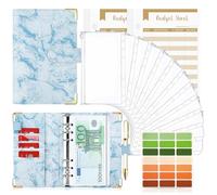 TAOPE Classeur Budget avec Enveloppe Budget, Classeur A6 Budget Planner Sets en PU Cuir, Carnet Budget 6 Anneaux Remplissable avec Pochettes Transparentes, Organisateur Enveloppe Budget Marbre Bleu