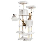 Taoqimiao Arbre à chat MS013LC - Tour pour chat d'intérieur - Maison en peluche multi-niveaux avec 13 griffoirs, 2 perchoirs, 2 grottes, hamac, 2 pompons, blanc crème