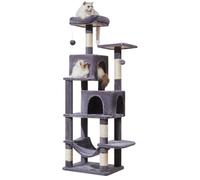 Taoqimiao Arbre à chat MS013SG - Tour à chat de 155,7 cm pour chat d'intérieur - Niche en peluche multi-niveaux avec 5 griffoirs, 2 perchoirs, 2 grottes, hamac, 2 pompons, gris fumé