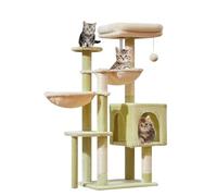 Taoqimiao MS019GB Arbre à chat en peluche avec 5 griffoirs, perchoir en peluche, 2 hamac, pompons, vert et beige 100 cm