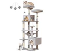 Taoqimiao MS020SW Arbre à chat en peluche multi-niveaux avec 6 griffoirs, 2 perchoirs, 2 grottes, hamac, 3 pompons, gris clair 172,7 cm