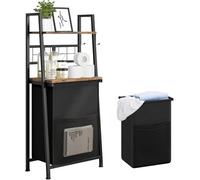 Taotigzu Panier à Linge 2 Étagères avec Étagère en Bois et Crochets,Corbeille à Linge Sale avec Sac Amovible et Extractible,Paniere a Linge Sale avec Sac Séparé pour Salle de Lavage, Salle de Bain, Ch