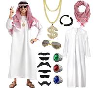 TAOYIO Costume de cheikh pour homme, costume arabe, robe blanche arabe avec foulard, bague de doigts, colliers, lunettes de soleil pour fête, cosplay - XXL