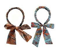TAOZHIYAO 2 Pcs Vintage Chaîne Imprimer Long Ruban Bandeau Tressé Bandeau Banderoles Cheveux Cerceau, Rétro Court Satin Tissu Bandeau pour Femmes Filles (Bleu + Orange)