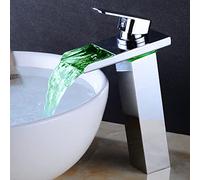 Tap Brass Basin Faucet with Colour Changing LED Light Bathroom Waterfall Sink taps, Single Handle 1 Hole Hot and Cold Water Mixer,Chrome,High