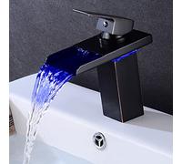 Tap Brass Basin Faucet with Colour Changing LED Light Bathroom Waterfall Sink taps, Single Handle 1 Hole Hot and Cold Water Mixer,Black,Short