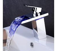 Tap Brass Hot Cold Mixer Faucet, Colour Changing LED Light Bathroom Sink taps, Single Handle i Hole Waterfall Basin Mixer,Chrome,Short