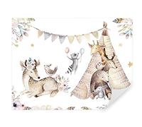 Tapeko Papier Peint Chambre Enfant 260x180 cm 3D Effet Animaux Cerf Ours Girafe Zèbre Forêt Nature pour Garçon Fille Papier Peint intissé plus u61997#01