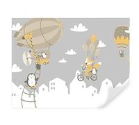 TAPEKO Papier Peint Chambre Enfant 260x180 cm 3D Effet Pingouin Girafe et Renards sur des Montgolfières pour Garçon Fille Papier Peint intissé plus u93816