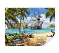 Tapeko Papier Peint Chambre Enfant 260x180 cm 3D Effet Pirates Île Déserte Trésor Navire Océan Palmiers pour Garçon Papier Peint intissé Multicolore u62419