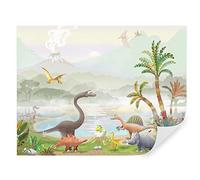 TAPEKO Papier Peint Chambre Enfant 360x250 cm 3D Effet Dinosaures Dessins Animés Palmiers Montagnes pour Garçon Fille Papier Peint intissé plus u60040