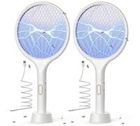 Tapette à mouche électrique 4000 V, raquette anti-moustiques, 1500 mAh, 3 couches de maille avec base support câble USB C for intérieur et extérieur(White 2 Pack)