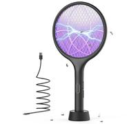 Tapette à mouche électrique 4000 V, raquette anti-moustiques, 1500 mAh, 3 couches de maille avec base support câble USB C for intérieur et extérieur(Black)