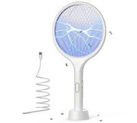 Tapette à mouche électrique 4000 V, raquette anti-moustiques, 1500 mAh, 3 couches de maille avec base support câble USB C for intérieur et extérieur(White)