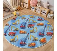 Tapi de Rond Paradis Des Véhicules De Construction pour Enfants, 120cm Tapis Grues Et Excavatrices Moelleux à Poils Courts - Lavable - Antidérapant pour Chambre d'enfant, Salle de Jeu, Descente de lit