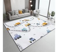 Tapis 100 X 150 Cm Enfants Route Engins De Chantier - Poils Courts Doux, Lavable, Antidérapant, Ne Peluche Pas, Résistant Aux Taches - Tapis Salon Chambre Couloir Bureau Décoration Orange Bleu