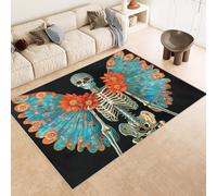 Tapis 100x150 cm Imitation Cachemire Lavable Motif CrâNe Ailes Fleurs 3D Résistant aux Taches Nettoyage Facile à l'Aspirateur ou en Machine Idéal pour Salon Salle à Manger et Chambre Parentale