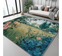 Tapis 120 X 170 Cm Impressionnisme Maisons Fleurs Vert Rose - Tapis Salon Lavable en Machine, Antidérapant, À Poils Courts Et Doux, Tapis Rectangulaire pour Chambre, Salon, Bureau, Sol