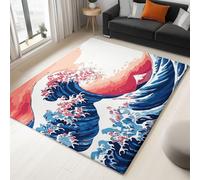 Tapis 120 X 170 Cm Style Japonais Mont Fuji Vagues Bleu Rouge - Tapis Salon Lavable en Machine, Antidérapant, À Poils Courts Et Doux, Tapis Rectangulaire pour Chambre, Salon, Bureau, Sol