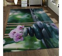 Tapis 120x150cm Pierre Orchidée Bambou Lavable Antidérapant | Fleurs Moquette à poil bas Fleurs vert foncé rose Tapis intérieur doux pour salon Chambre