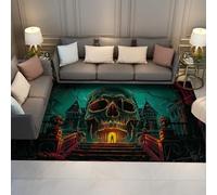 Tapis 180x240 d Espace Salon Machine à carpette Lavable Château Effrayant Témorroi hanté Descente de lit Motif crâne Horrible Antidérapant Poils Bas Doux pour Chambre Entrée Grotte Homme