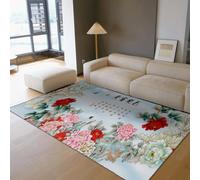 Tapis 180x240 Lavable carpette Floral à Poil Bas avec Support antidérapant Descente de lit Chinois Originaux Vintage pour Salon Chambre Salle Manger Pivoine Surface botanique Papillons