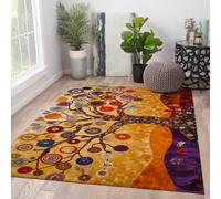 Tapis 200x300 Tree of Life carpette lavables à la Machine Descente de lit antidérapants Poil Bas Abstraits en mosaïque d Arbre avec Feuilles Cercles colorées Doux aux Tons Orange et pour